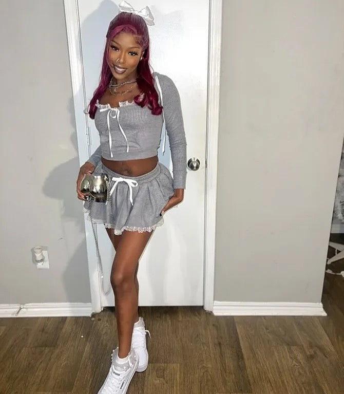 Lace Hem Pleated Skort Set