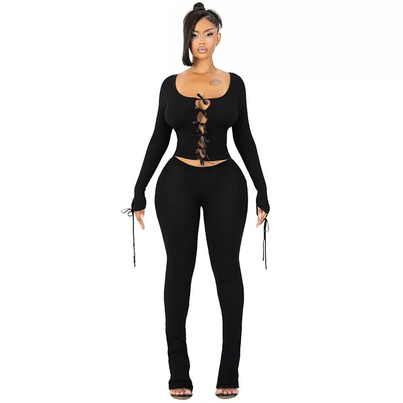 Bow Tie Lace Up Top & Pants Set