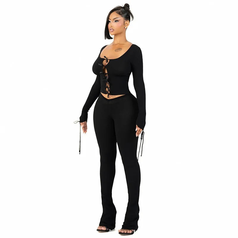Bow Tie Lace Up Top & Pants Set