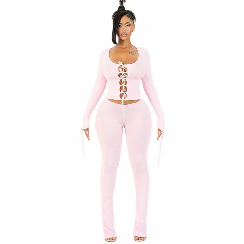 Bow Tie Lace Up Top & Pants Set