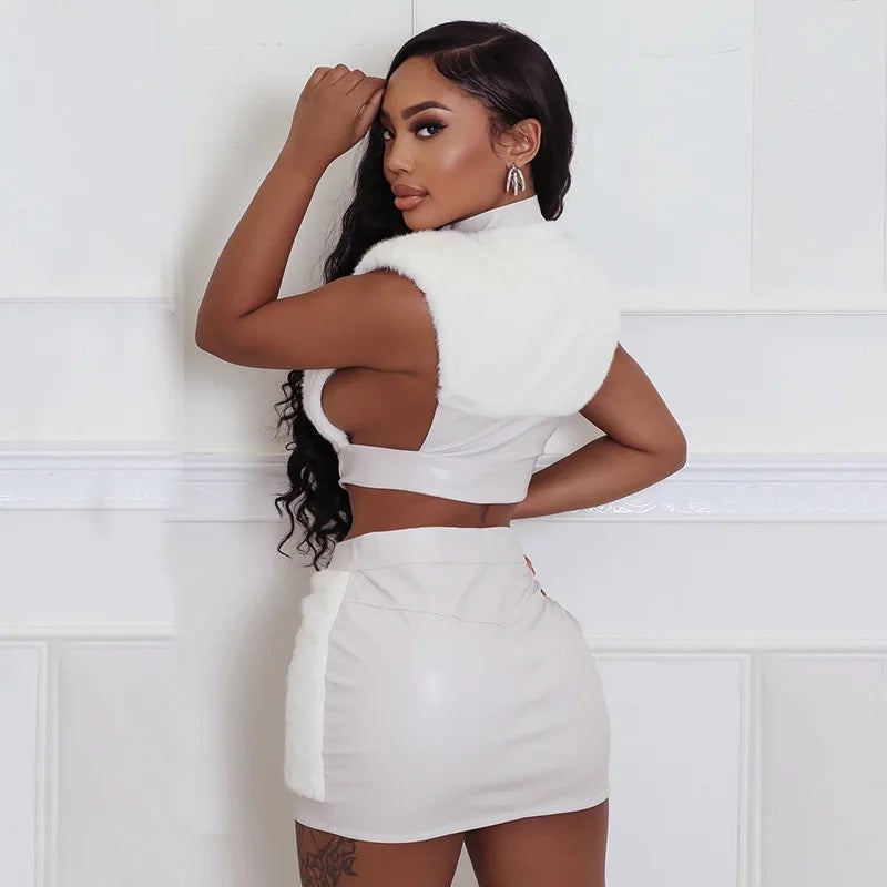 Velvet Splicing PU Leather Skirt Set