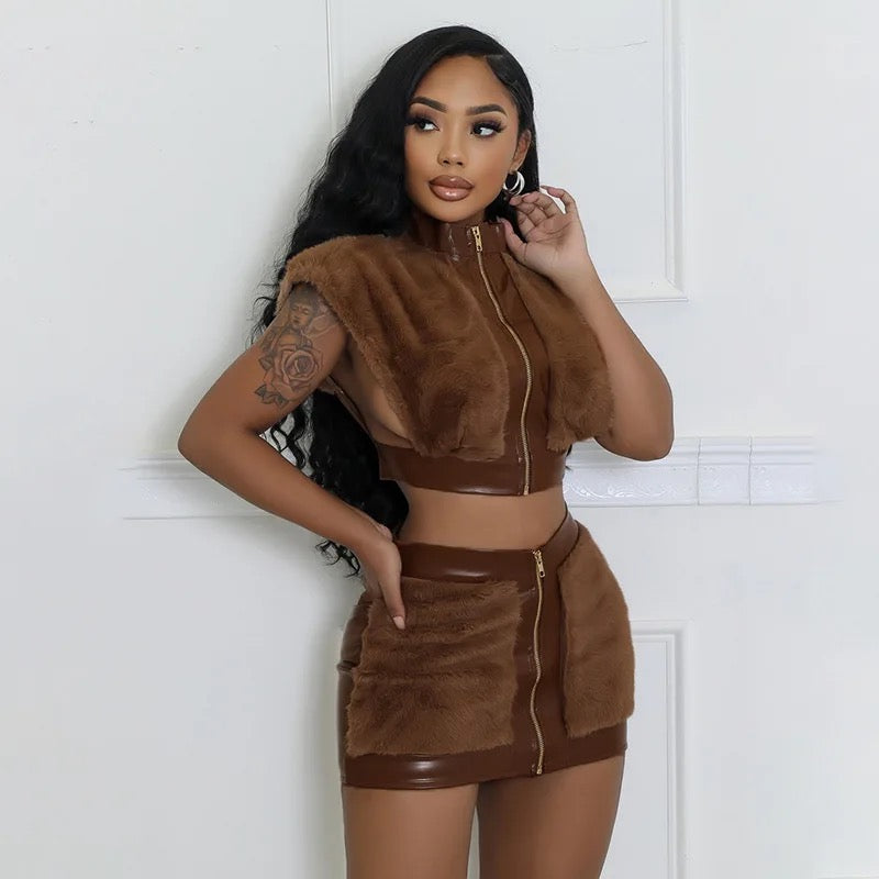 Velvet Splicing PU Leather Skirt Set