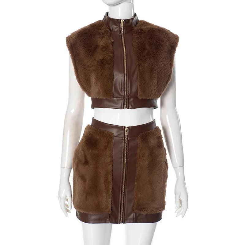 Velvet Splicing PU Leather Skirt Set