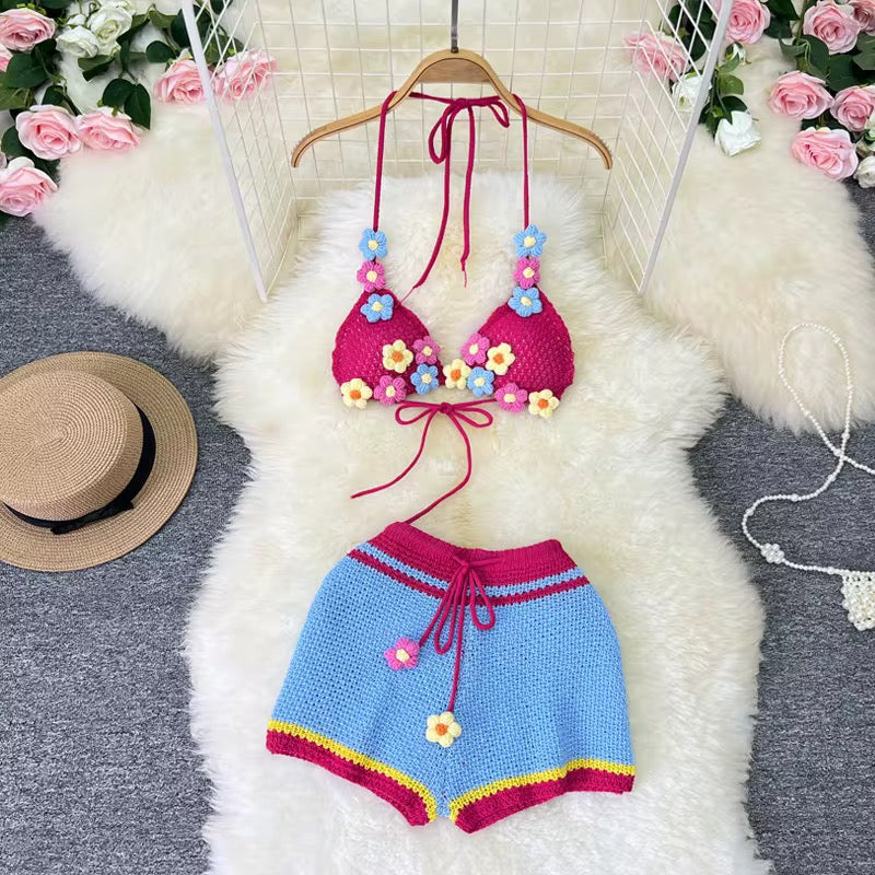 Knitted Flower 3 Piece Short Set