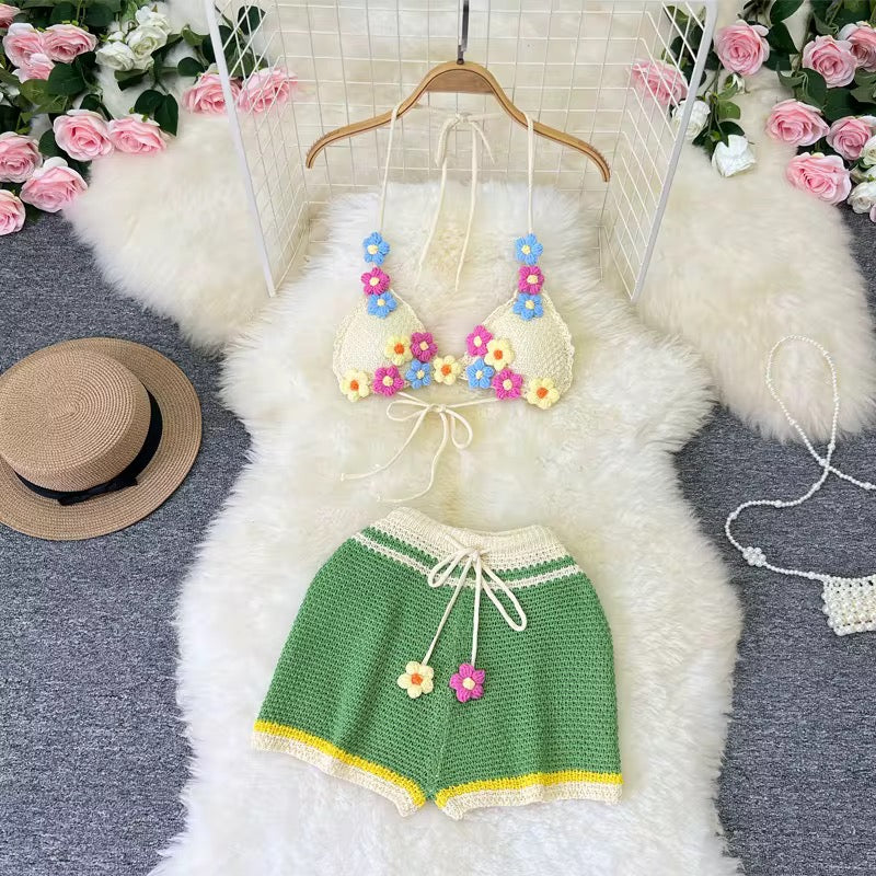 Knitted Flower 3 Piece Short Set