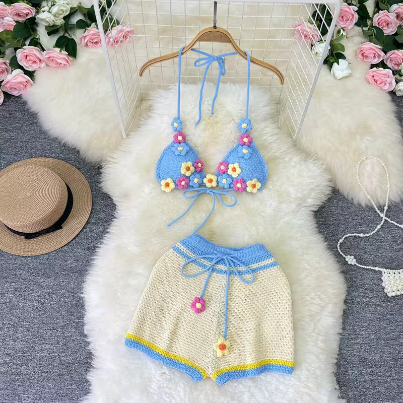 Knitted Flower 3 Piece Short Set