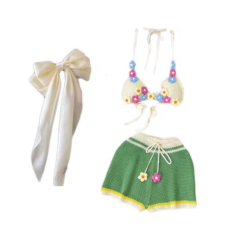 Knitted Flower 3 Piece Short Set