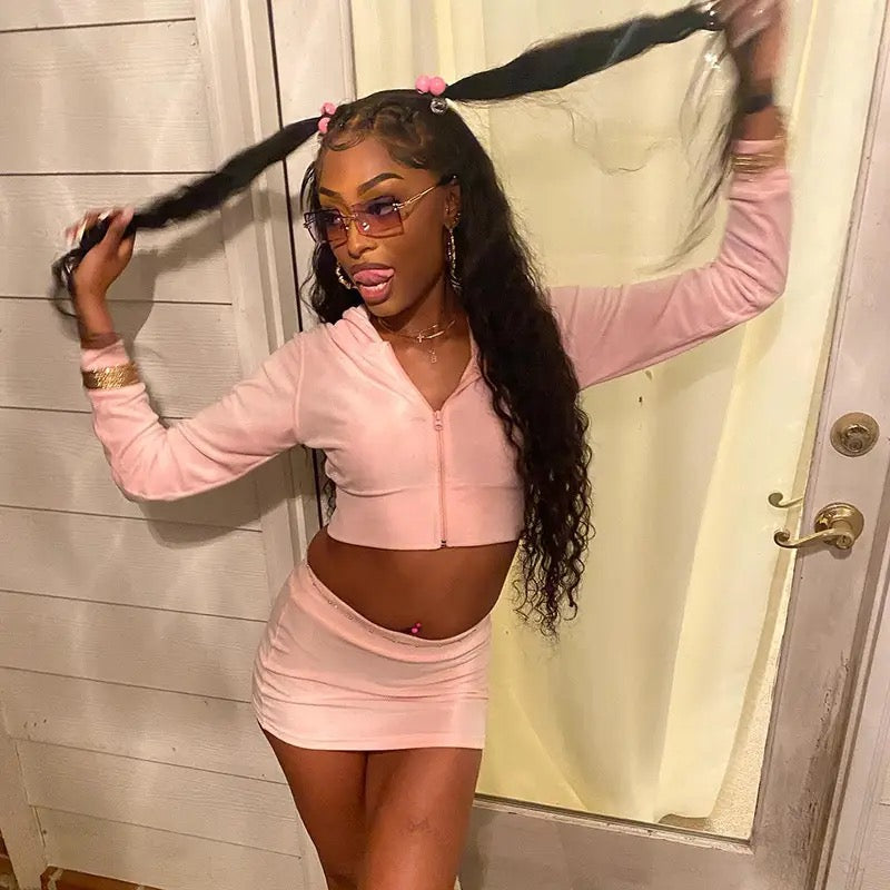 Hooded Zipper Top & Mini Skirt Set
