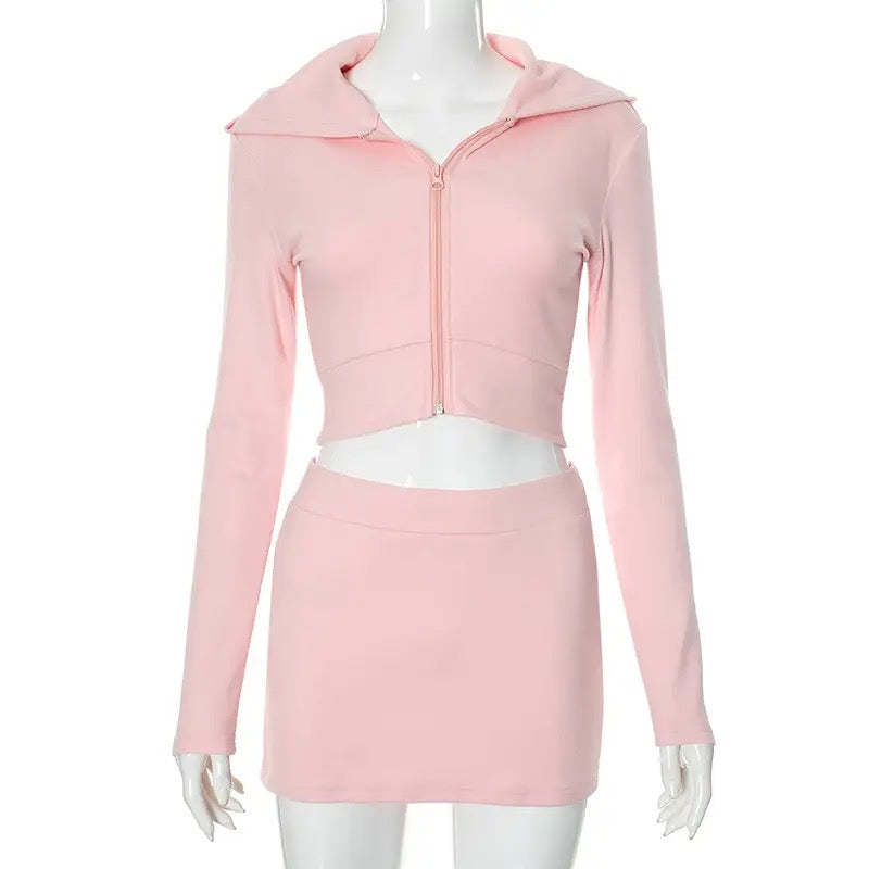 Hooded Zipper Top & Mini Skirt Set