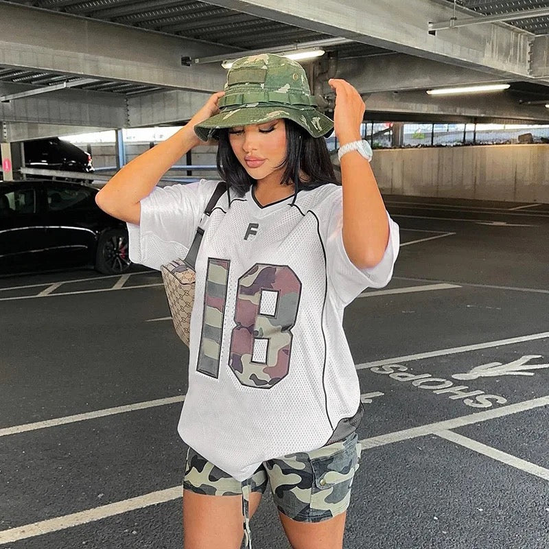 Camouflage Print V-Neck Oversized Jersey