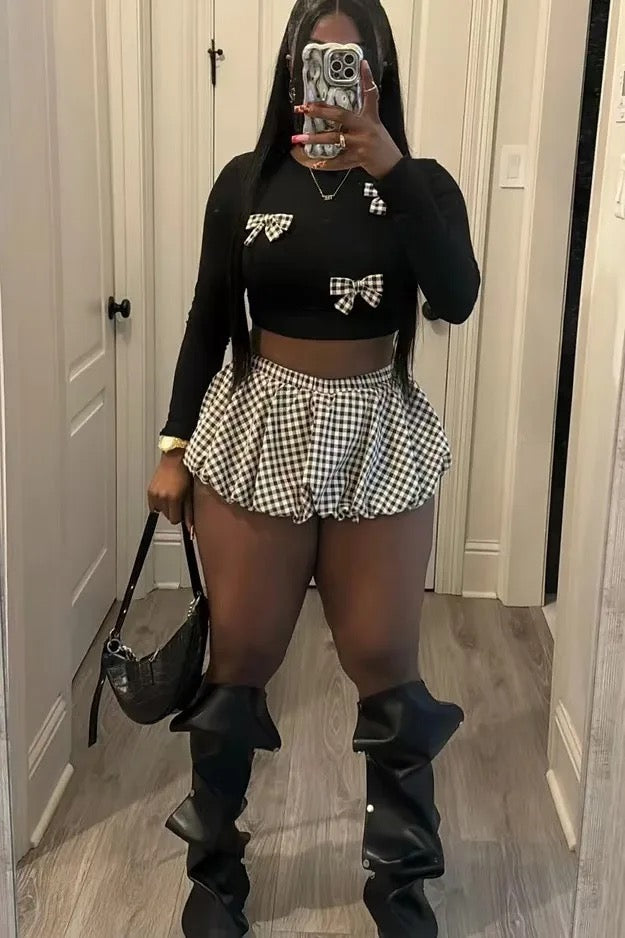 Bow Knit Top & Plaid Skirt Set