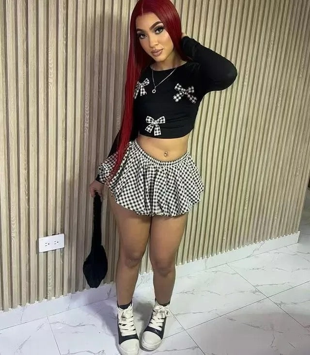 Bow Knit Top & Plaid Skirt Set
