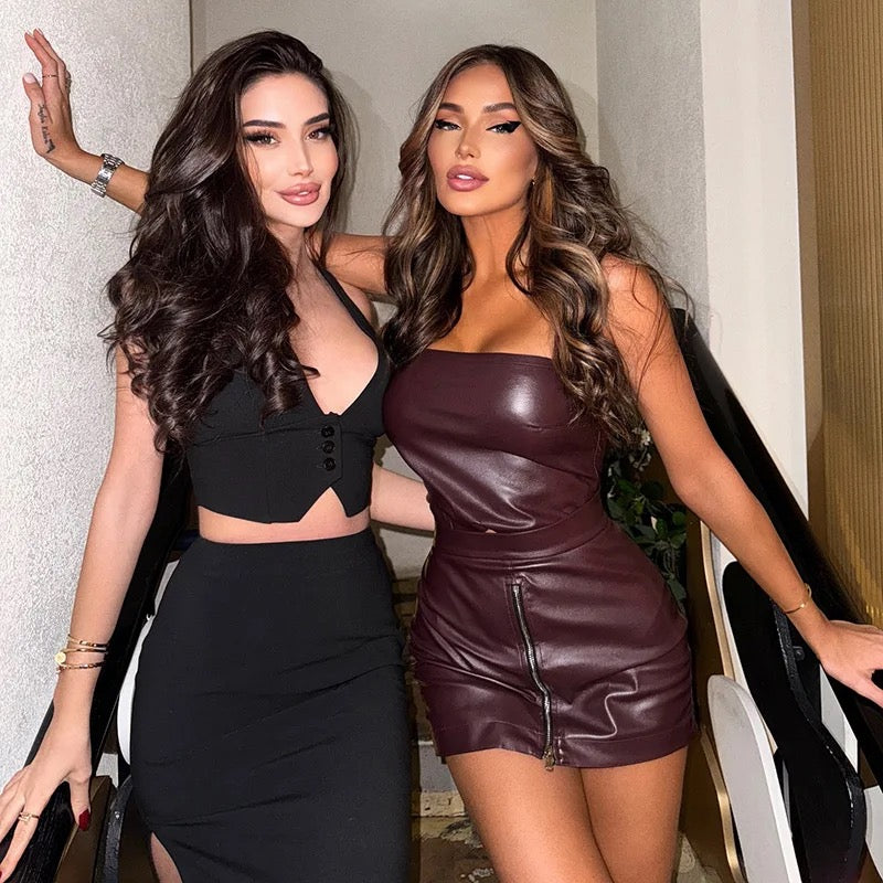 PU Leather Strapless Top & Zippered Skort Set