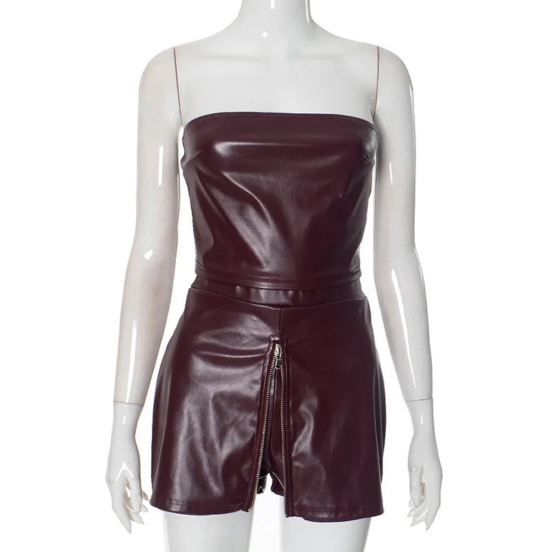 PU Leather Strapless Top & Zippered Skort Set