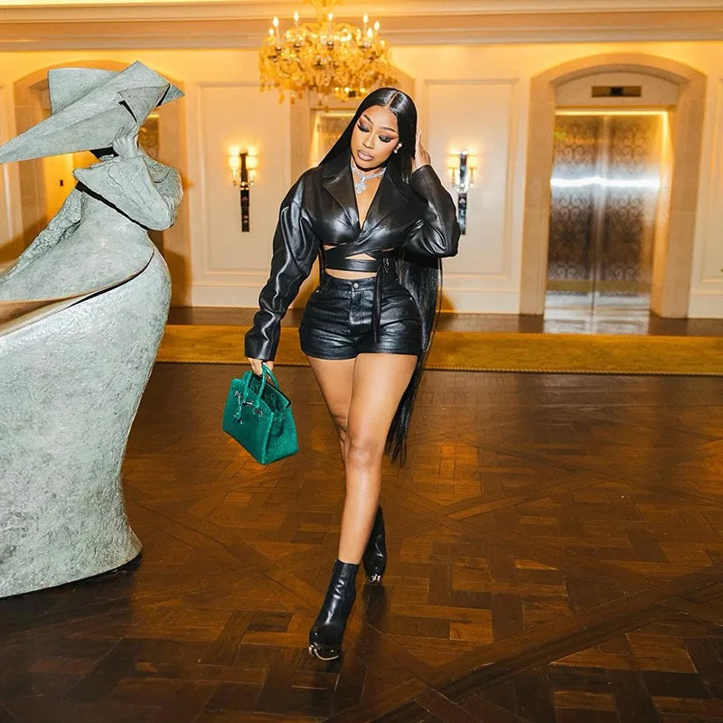 PU Leather Shorts 2 Piece Set