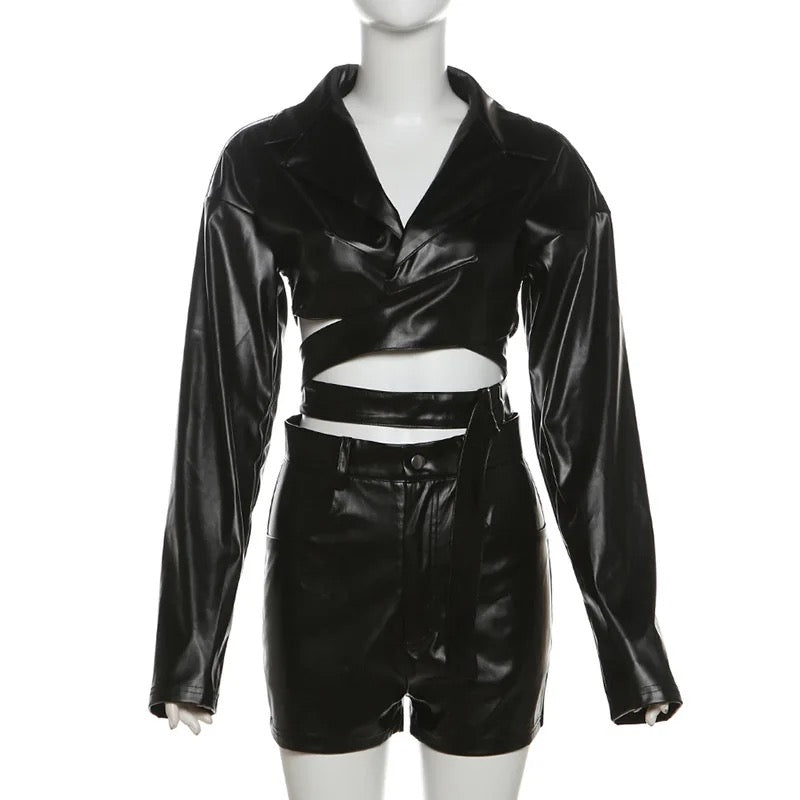 PU Leather Shorts 2 Piece Set