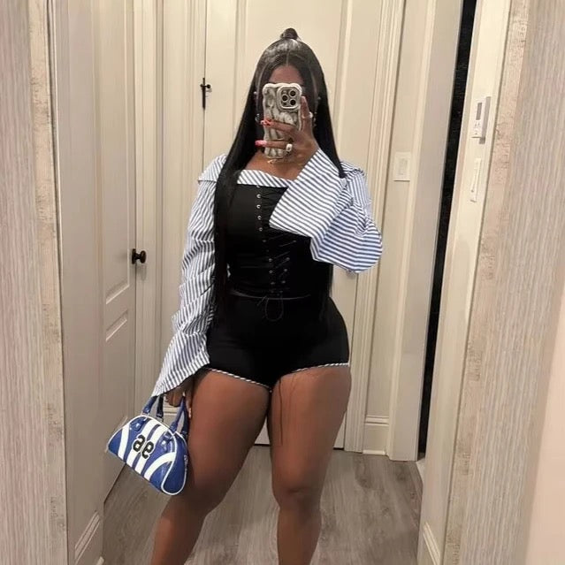 Contrasting Striped Shorts Set