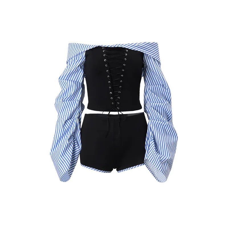 Contrasting Striped Shorts Set