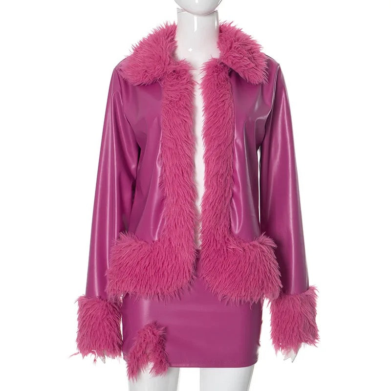 PU Leather Fur Collar Jacket & Skirt Set