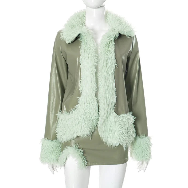 PU Leather Fur Collar Jacket & Skirt Set