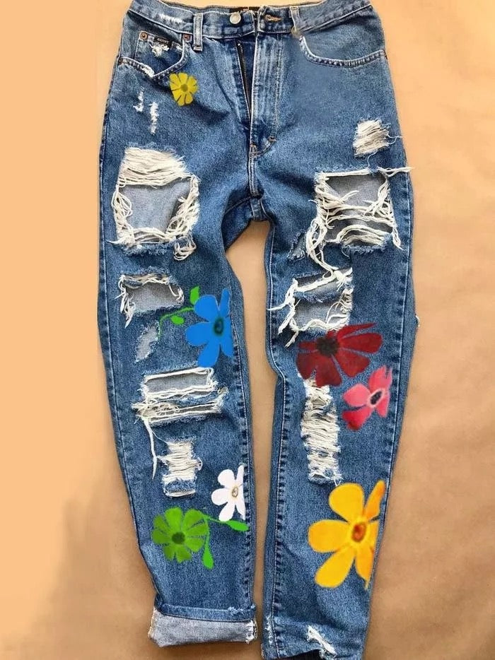 Flower Printed Jeans