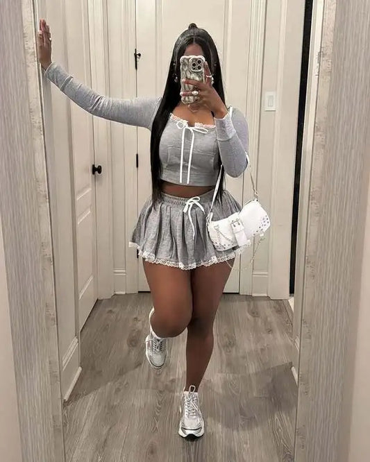 Lace Hem Pleated Skort Set