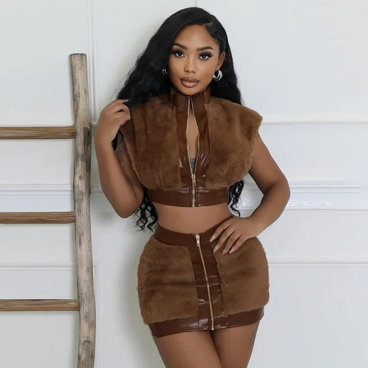 Velvet Splicing PU Leather Skirt Set