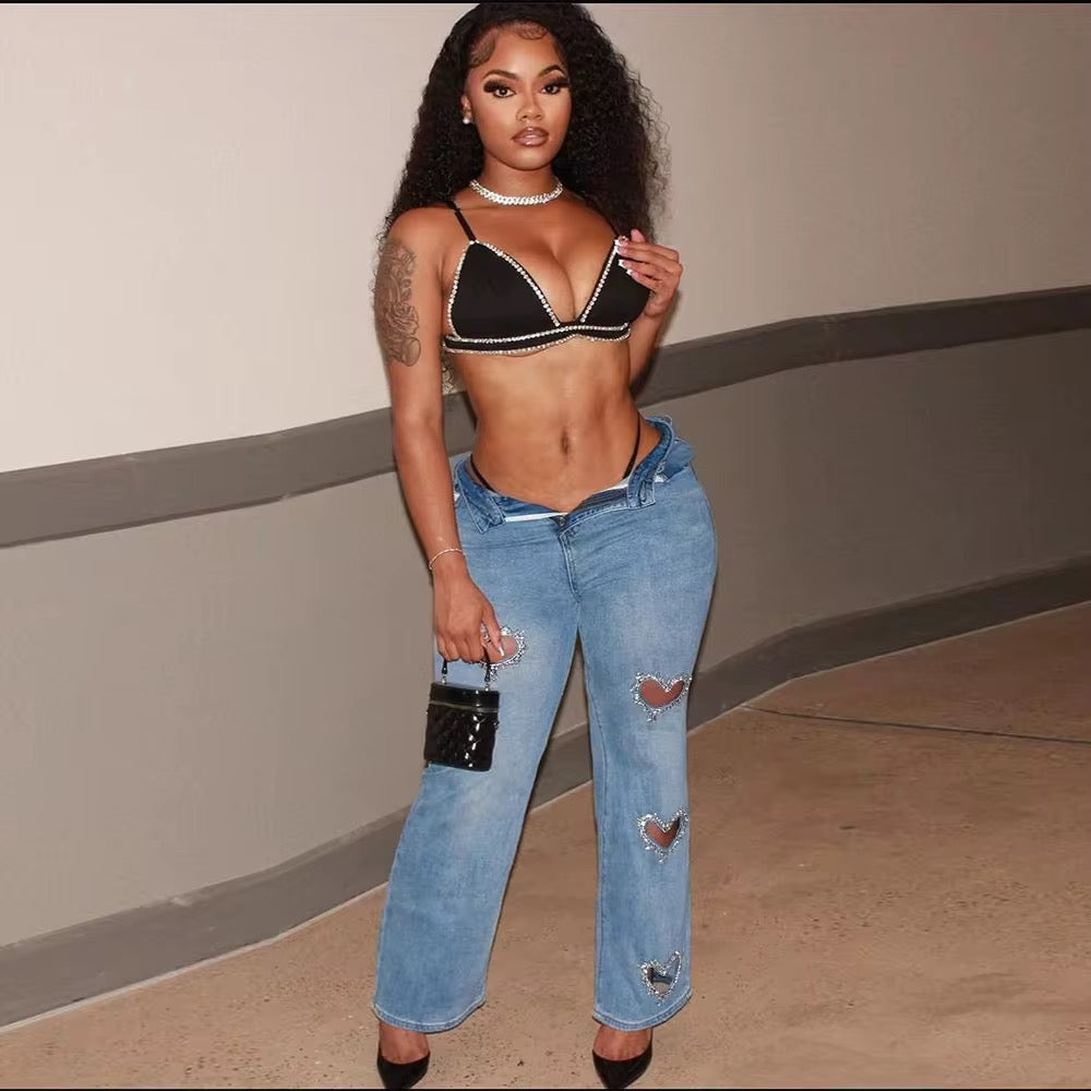 Washed Diamond Heart Jeans