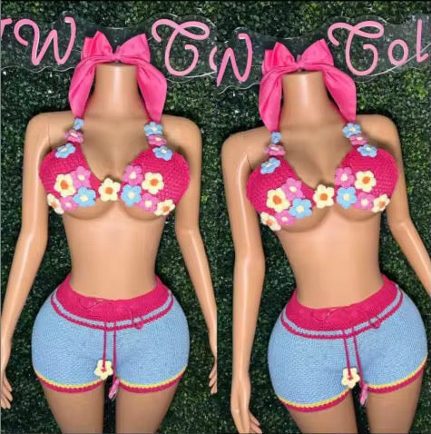 Knitted Flower 3 Piece Short Set