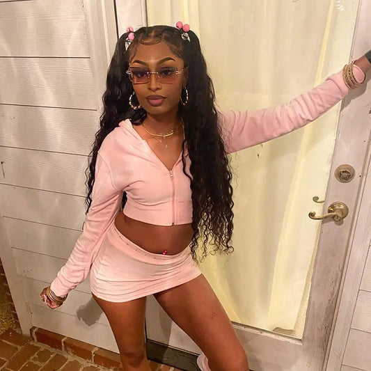Hooded Zipper Top & Mini Skirt Set