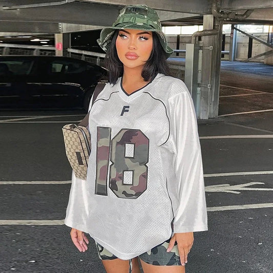 Camouflage Print V-Neck Oversized Jersey