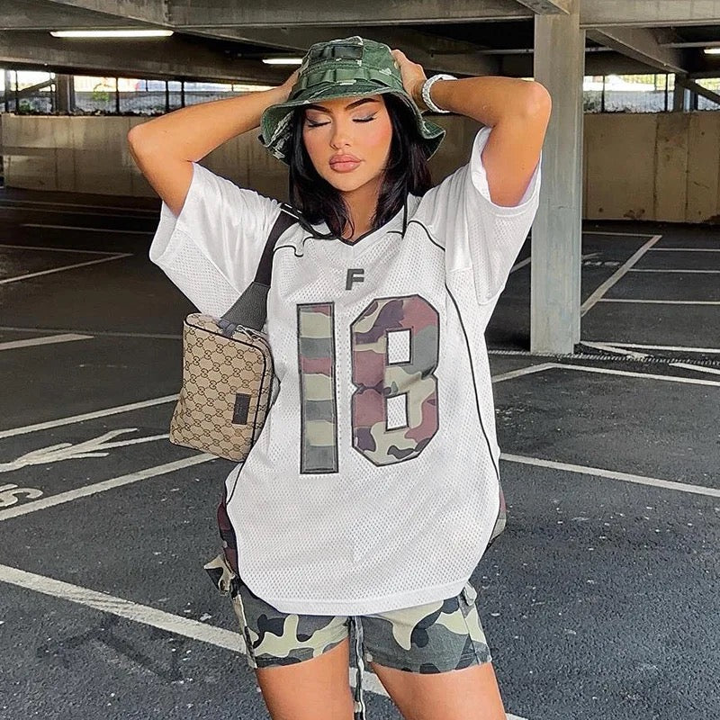 Camouflage Print V-Neck Oversized Jersey