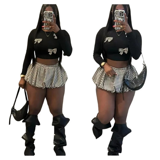 Bow Knit Top & Plaid Skirt Set