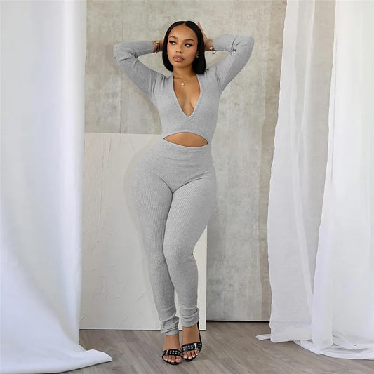 V Neck Hollow Out Jumpsuit