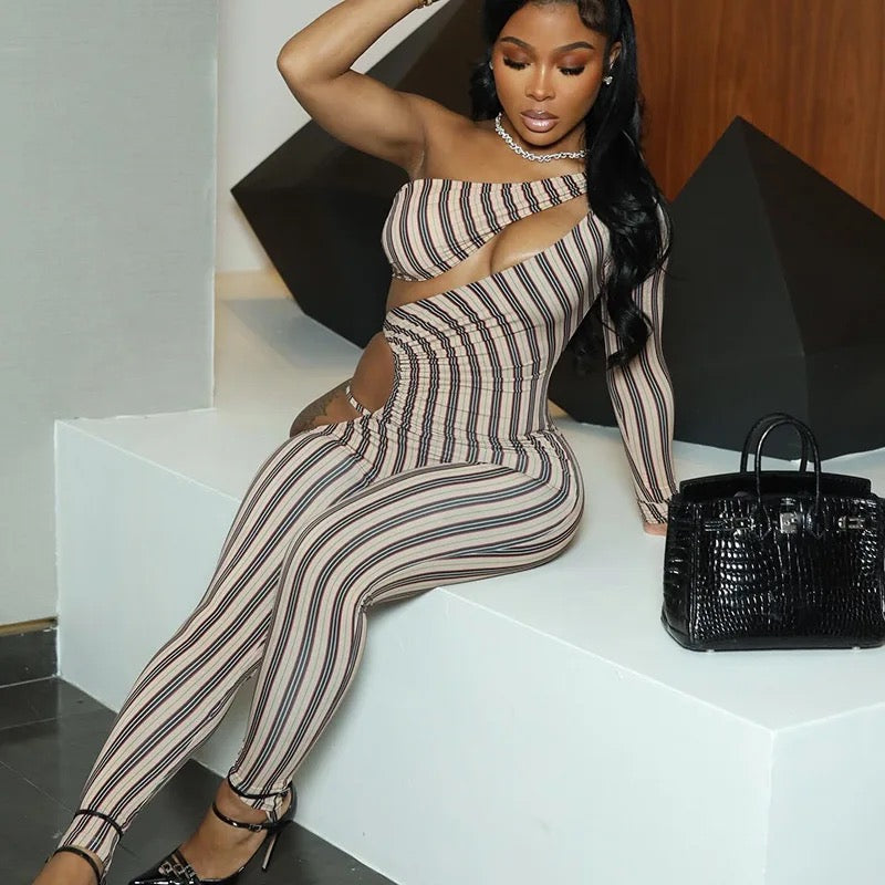 Stripe Hollow Out Jumpsuit