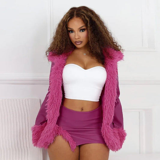 PU Leather Fur Collar Jacket & Skirt Set